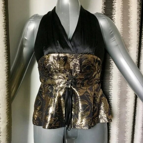 ARDEN B. Stunning Gold and Black Silk Halter Top - Size Large - Picture 2 of 9